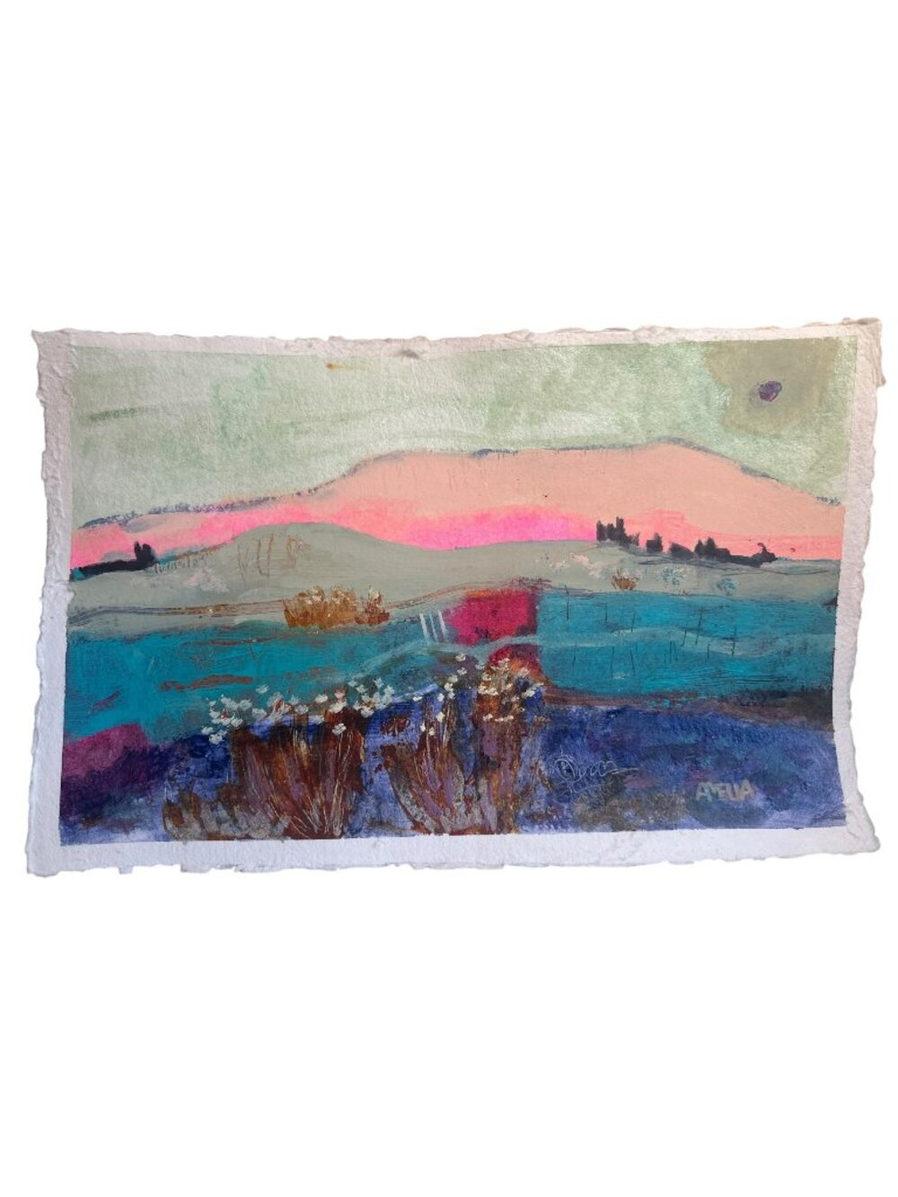 Abstract Landscape Painting on Paper Vibrant Blue Pink & Green Hues 12x17